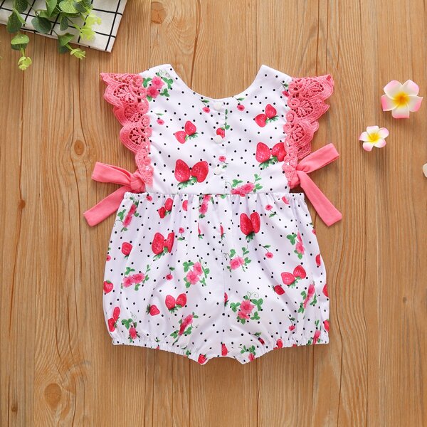 

Toddler Girls Lace Cuff Polka Dot And Strawberry Print Romper, Multicolor