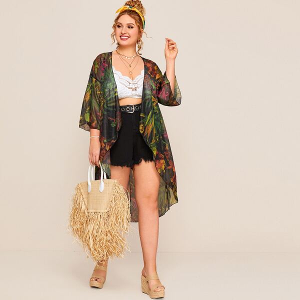 

Plus Tropical Print Sheer Chiffon Kimono, Multicolor