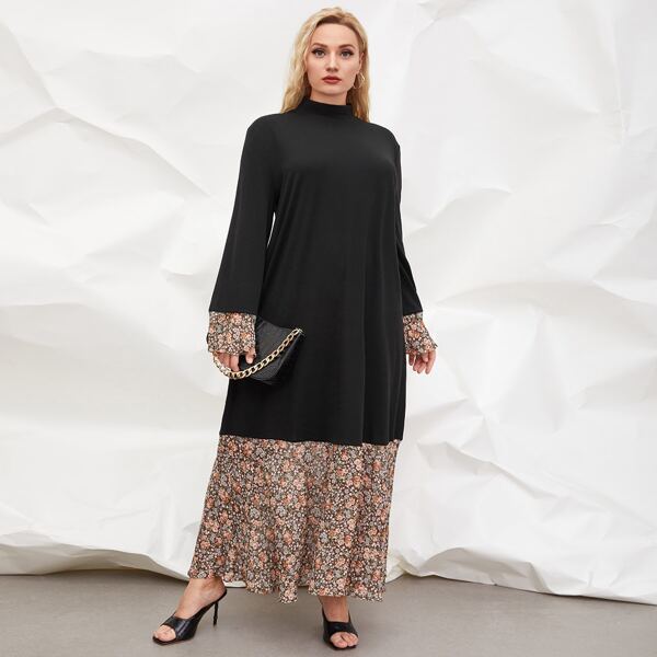 

Plus Contrast Ditsy Floral Panel Dress, Black