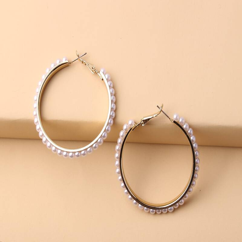 

Faux Pearl Hoop Earrings, White