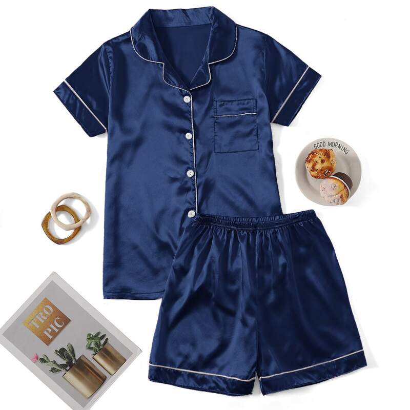 

Button Front Satin PJ Set, Navy blue