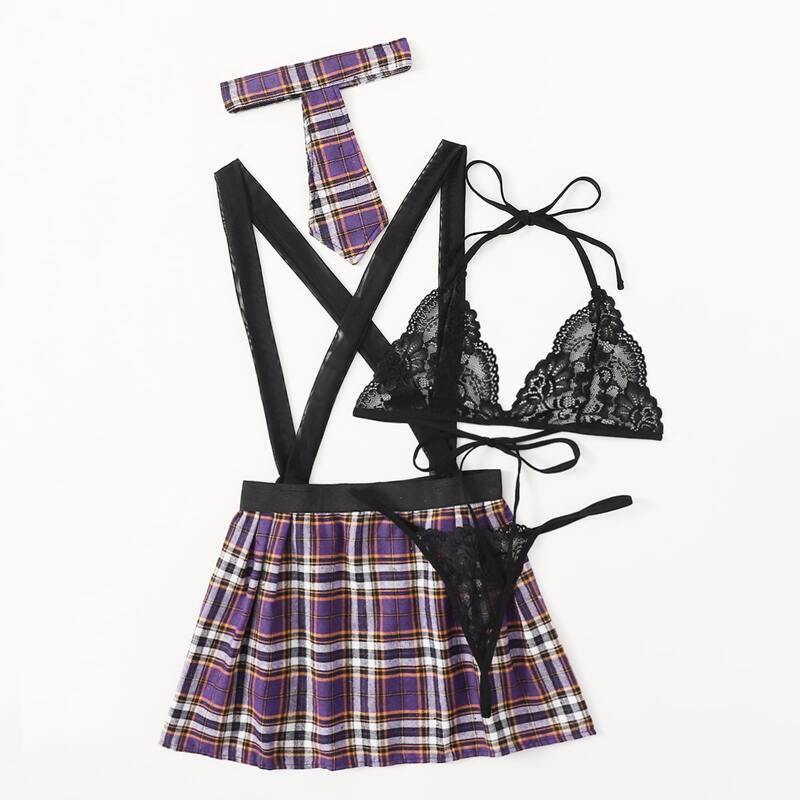 

Floral Lace Lingerie Set & Tartan Suspender Skirt & Choker, Multicolor