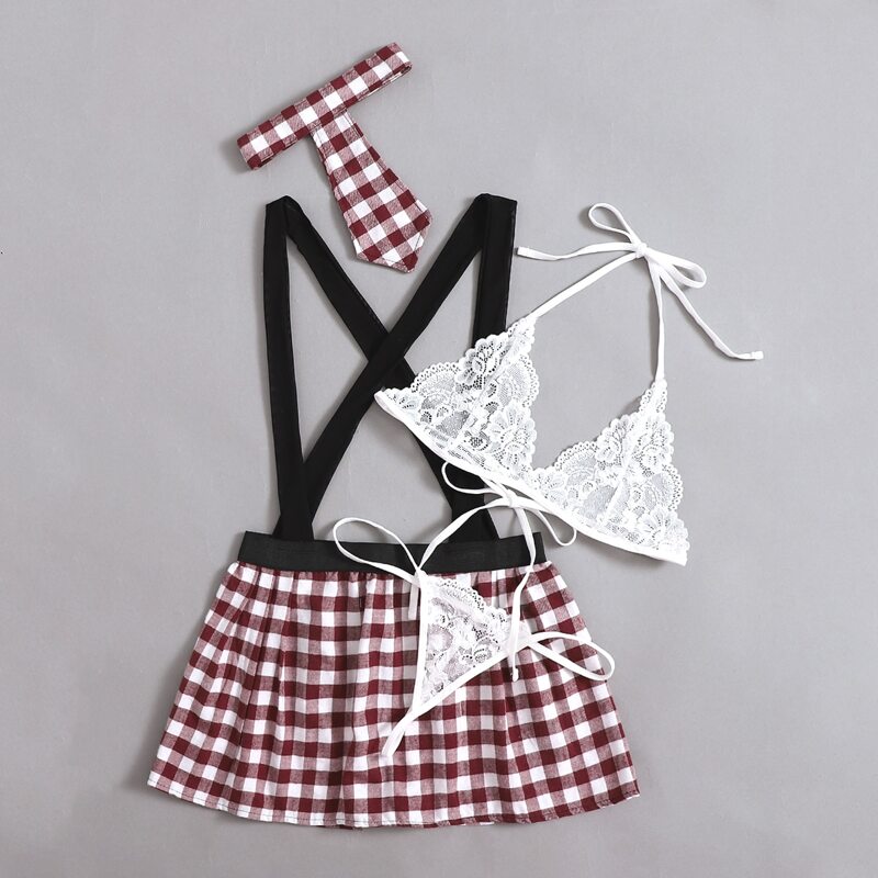 

Floral Lace Lingerie Set & Gingham Suspender Skirt & Choker, Multicolor