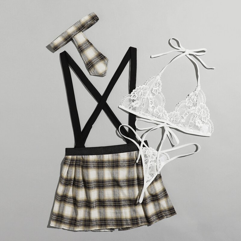 

Floral Lace Lingerie Set & Tartan Suspender Skirt & Choker, Multicolor