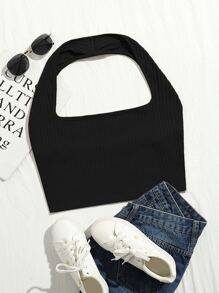 SHEIN EZwear Plus Rib-knit Crop Halter Top - Black - View 1