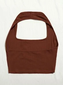 SHEIN EZwear 大碼羅紋針織短版繞頸上衣 - 鏽棕色 - 查看 2
