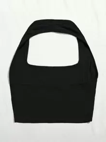 SHEIN EZwear Plus Rib-knit Crop Halter Top - Black - View 2