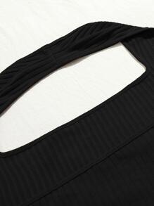 SHEIN EZwear Plus Rib-knit Crop Halter Top - Black - View 3