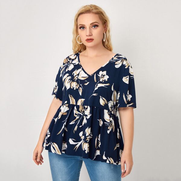 

Plus V-neck Ruffle Hem Floral Print Tee, Multicolor