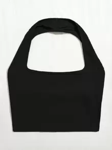 SHEIN EZwear Plus Rib-knit Crop Halter Top - Black - View 4