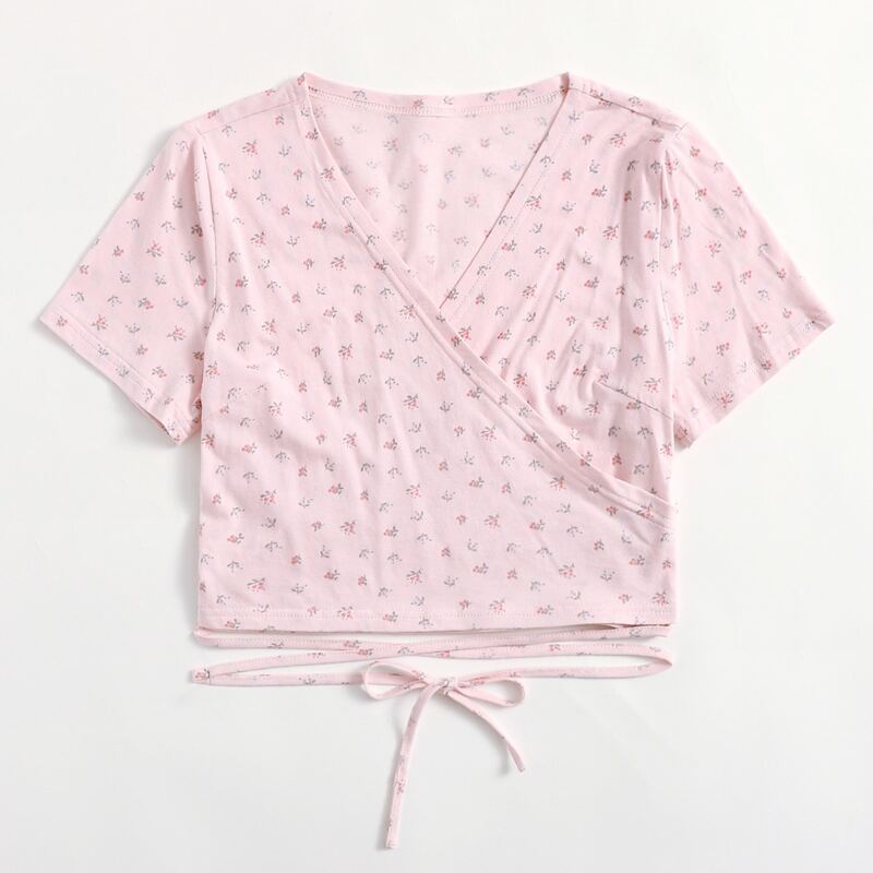 

Ditsy Flower Wrap Tie Back Tee, Baby pink