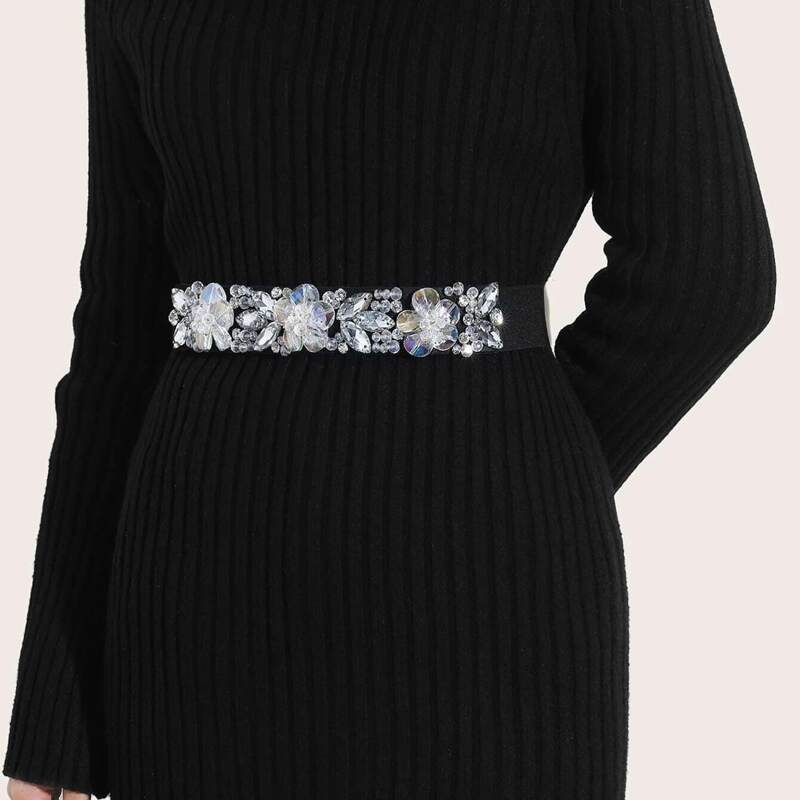 

Rhinestone Floral Elastic Belt, Black