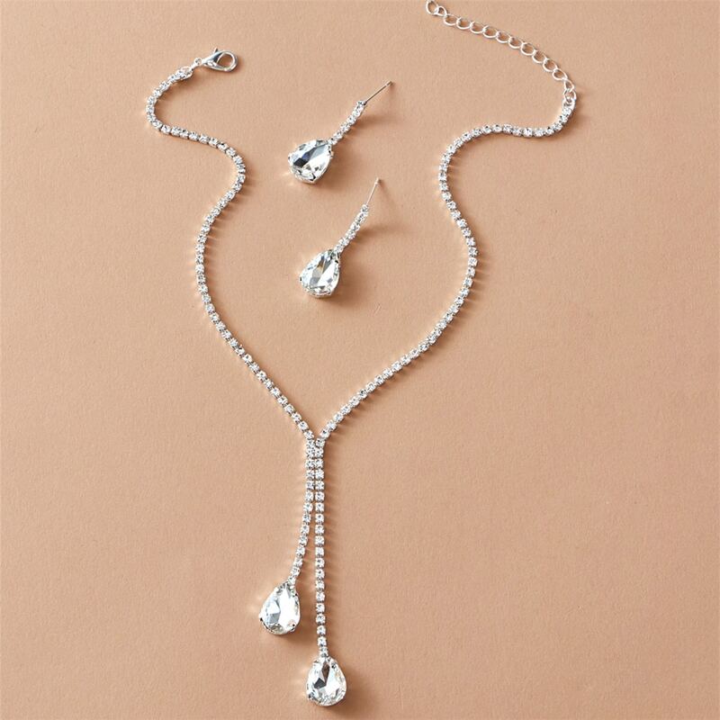 

3pcs Rhinestone Water Drop Jewelry Set, Silver