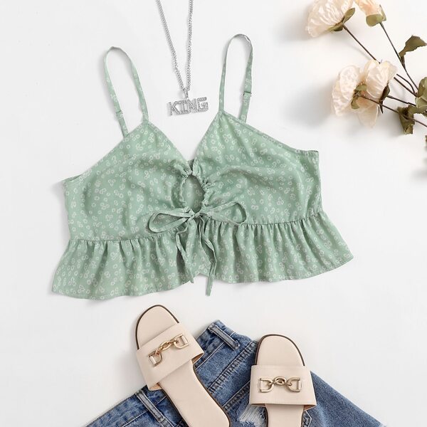 

Plus Ditsy Floral Drawstring Front Ruffle Hem Crop Cami Top, Mint green