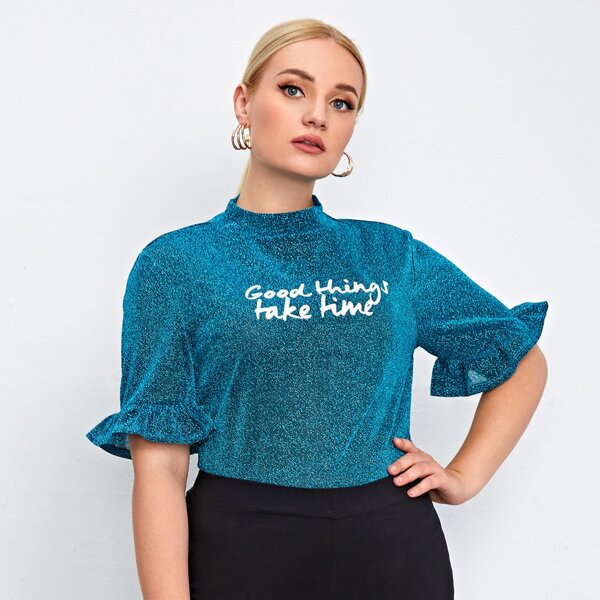 

Plus Slogan Graphic Flounce Sleeve Glitter Top, Blue
