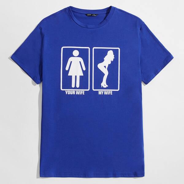 

Men Slogan and Figure Graphic Top, Blue