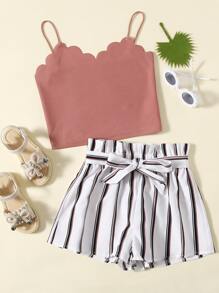 SHEIN 十幾歲女生帶扇貝邊緣背心和紙袋腰帶短褲套裝