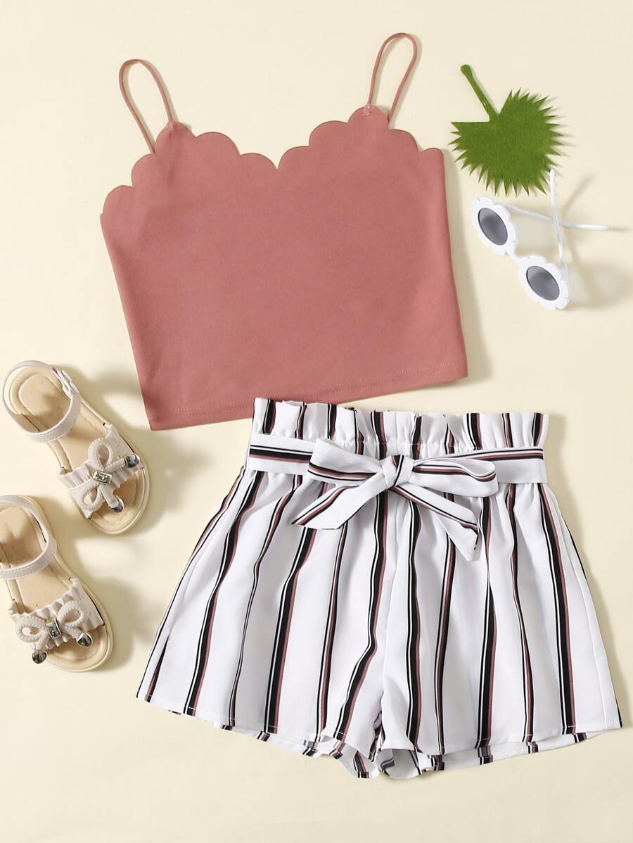 SHEIN 十幾歲女生帶扇貝邊緣背心和紙袋腰帶短褲套裝