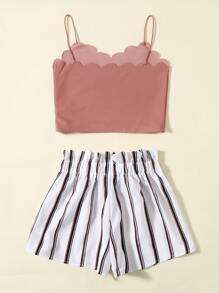 SHEIN 十幾歲女生帶扇貝邊緣背心和紙袋腰帶短褲套裝