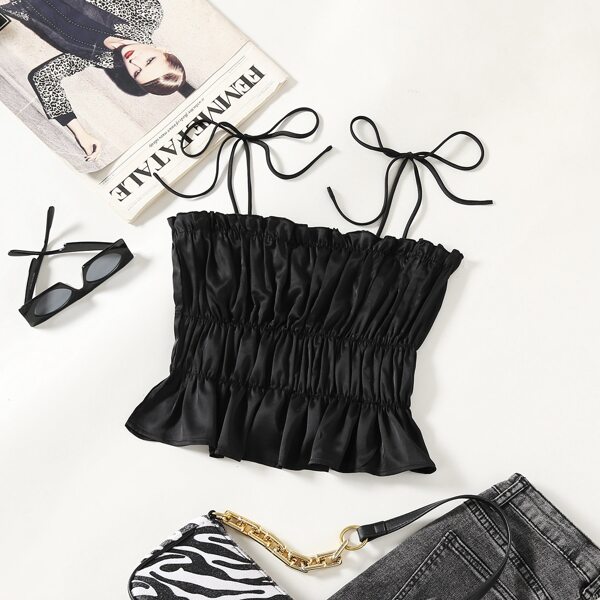 

Knot Shoulder Ruched Bust Cami Top, Black