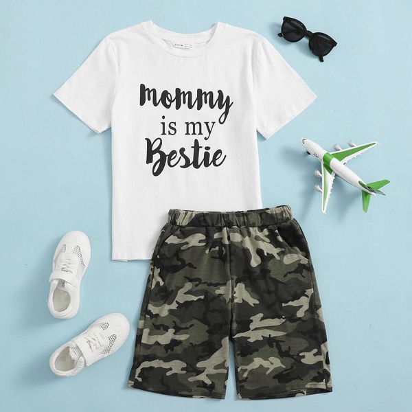 

Boys Slogan Graphic Tee & Camo Shorts Set, Multicolor