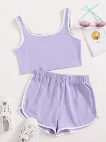 SHEIN 女孩拼接滾邊上衣和海豚短褲套裝 - 紫丁香色 - 查看 1