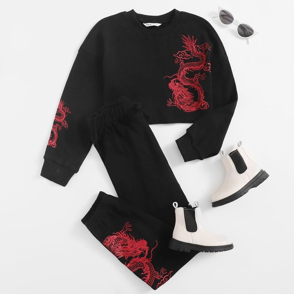 

Girls Chinese Dragon Drop Shoulder Pullover & Drawstring Sweatpants Set, Black