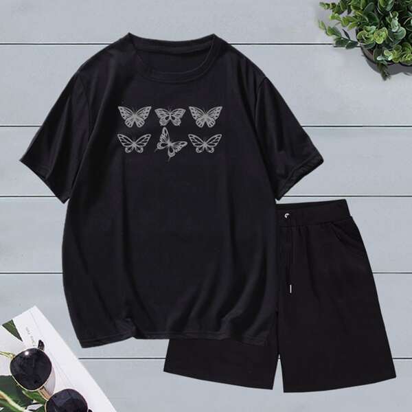 

Men Butterfly Print Tee & Drawstring Waist Shorts, Black