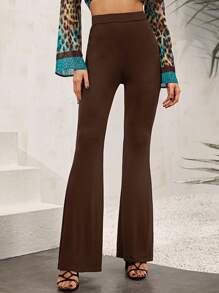 SHEIN Solid High-Rise Flare Trousers - Chocolate Brown - View 1