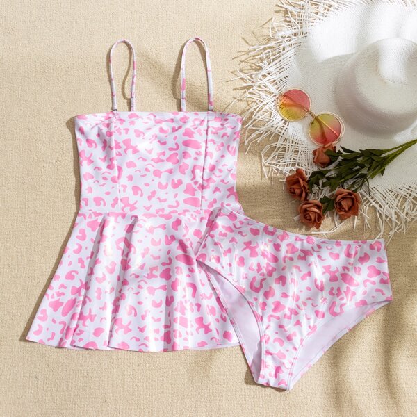 

Allover Graphic Ruffle Hem Bikini Swimsuit, Baby pink