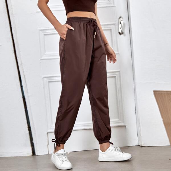 

Drawstring Slant Pockets Windbreaker Pants, Chocolate brown