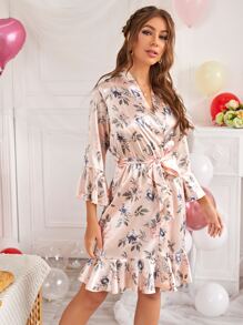 Slips de satén con encaje en contraste con estampado floral con bata con cinturón - Rosa coral - Ver 4