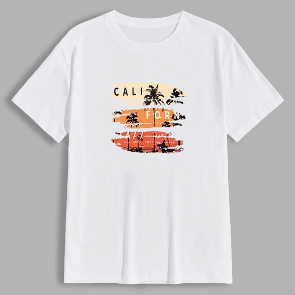 

Men Tropical & Letter Graphic Tee, White
