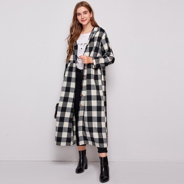 

Single Breasted Placket Hooded Gingham Coat, Black and white