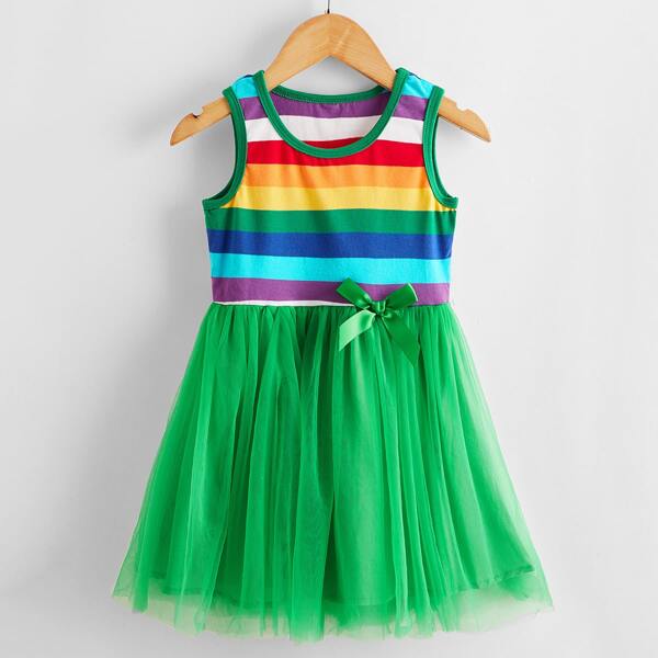 

Toddler Girls Rainbow Striped Bow Front Mesh Hem Dress, Multicolor