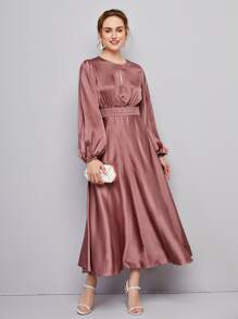 SHEIN Keyhole Neck Lantern Sleeve Lace Detail Satin Dress - Dusty Pink - View 2