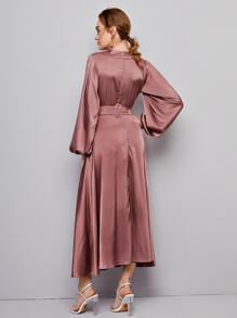 SHEIN Keyhole Neck Lantern Sleeve Lace Detail Satin Dress - Dusty Pink - View 3