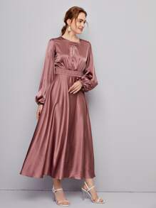SHEIN Keyhole Neck Lantern Sleeve Lace Detail Satin Dress - Dusty Pink - View 4