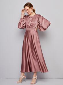 SHEIN Keyhole Neck Lantern Sleeve Lace Detail Satin Dress - Dusty Pink - View 1