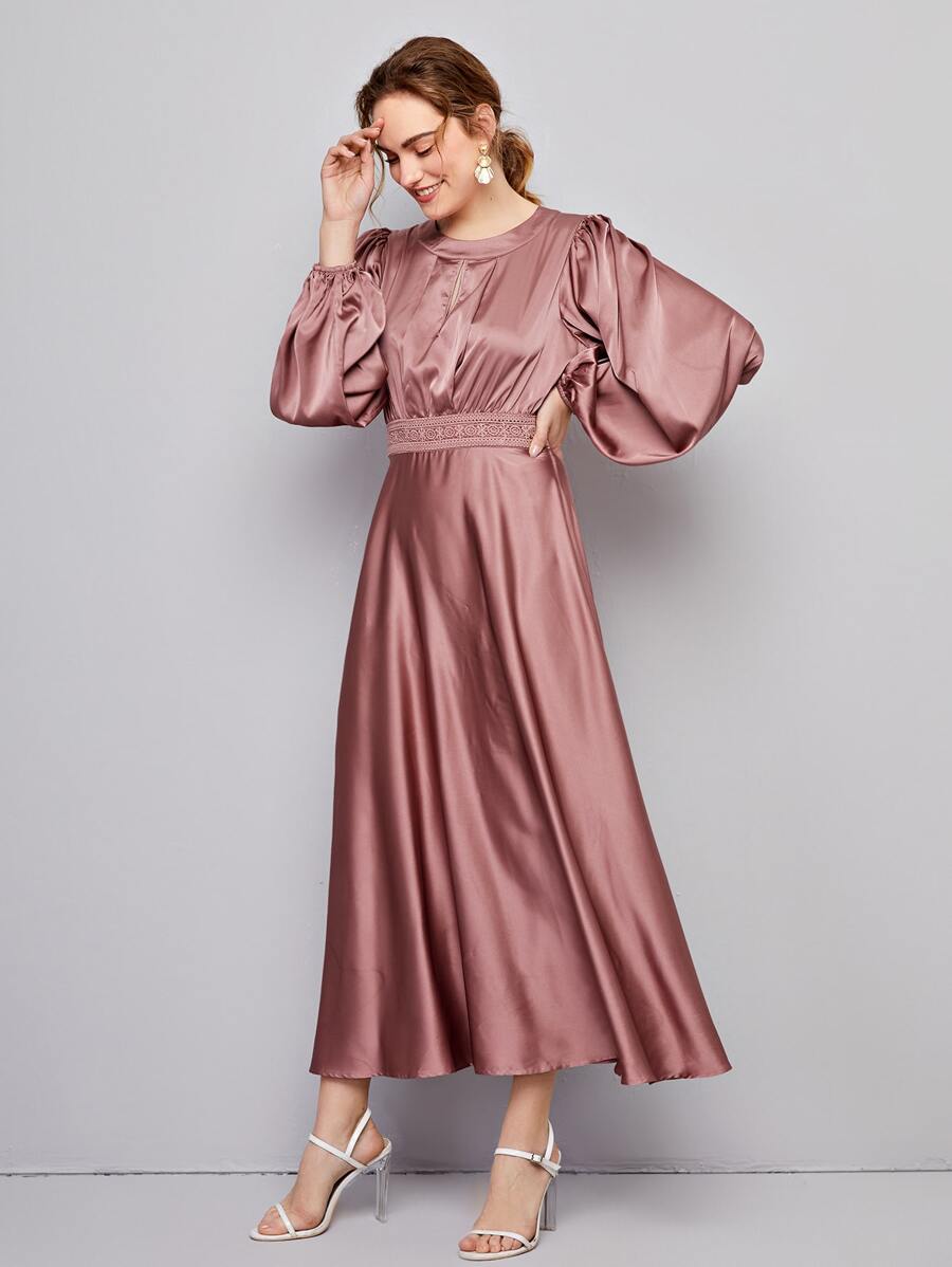 SHEIN Keyhole Neck Lantern Sleeve Lace Detail Satin Dress - Dusty Pink - View 1