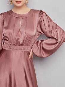 SHEIN Keyhole Neck Lantern Sleeve Lace Detail Satin Dress - Dusty Pink - View 5