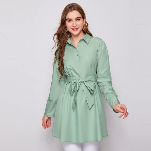 

Raglan Sleeve Belted Solid Blouse, Mint green