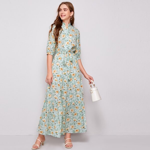 

Allover Floral Print Mock Neck Belted Dress, Multicolor