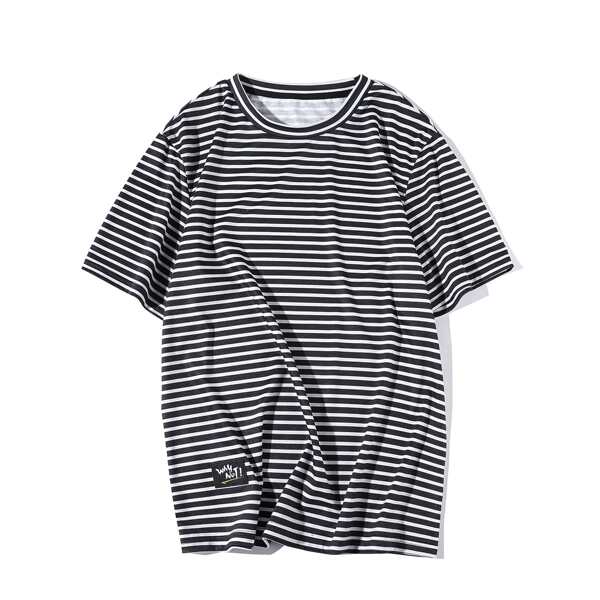 

Men Striped Patched Round Neck Tee, Black and white