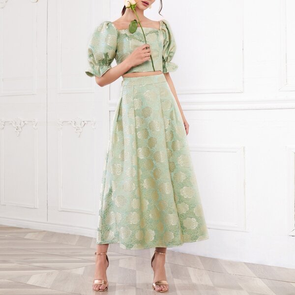 

Zipper Back Flounce Sleeve Jacquard Crop Top & Boxy Pleated Skirt Set, Mint green