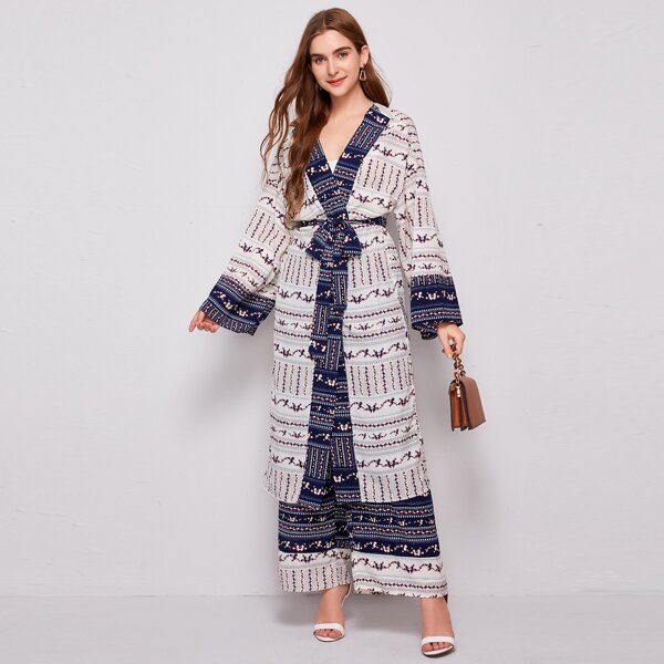 

Bell Sleeve Graphic Print Belted Kimono & Palazzo Pants Set, Multicolor