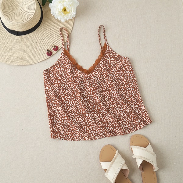 

All Over Print Contrast Lace Cami Top, Multicolor