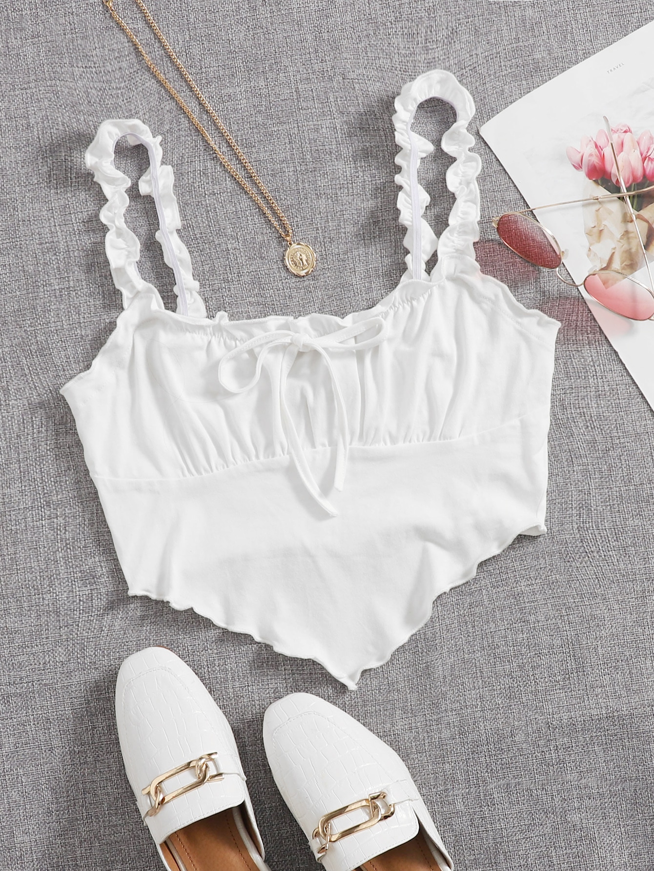 Ruched Bust Lettuce Trim Bandana Cami Top thumbnail