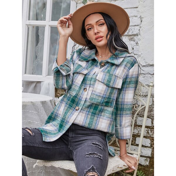 

Plaid Flap Pocket Button Up Overshirt, Multicolor