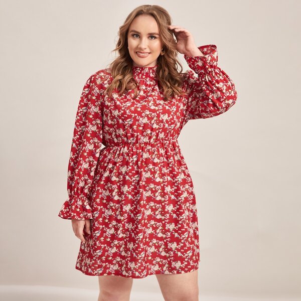 

Plus Shirred Neck Allover Floral A-line Dress, Red